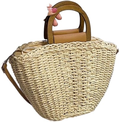 Schoudertas Strandtas - Geweven Rotan Tas - Zomerse Uitjes - Handgemaakt Vakmanschap - 25 x 20 x 15 cm - Beige