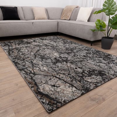 Zwart met Beige Tapijt Marmer Design Laagpolig Vloerkleed Koho Impressive - 80x150cm- Modern - Woonkamer - Salon - Slaapkamer - Eetkamer