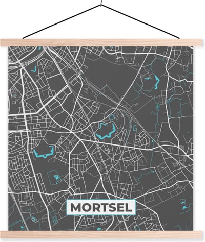 Posterhanger incl. Poster 40x40 cm - Schoolplaat - België – Mortsel – Stadskaart – Kaart – Blauw – Plattegrond - Textielposter - Blanke latten - Stadskaart