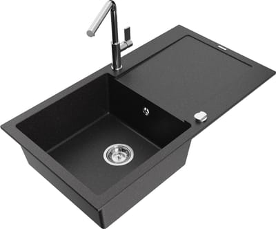 Mexen Leo granieten spoelbak 1-komerig met afdruiprek en keukenkraan Flora, zwart/zilveren metallic - 6501-73-670401-00