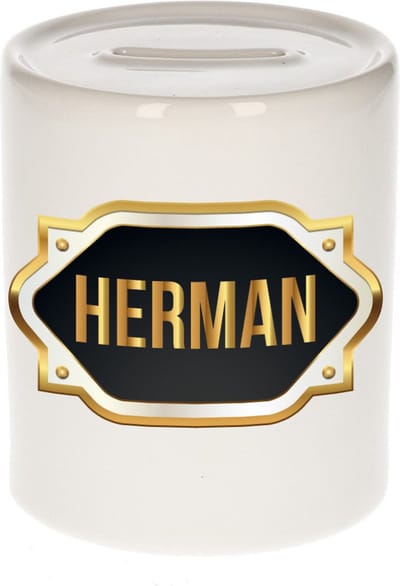 Spaarpot met voornaam Herman - wit - met goud/zwart embleem - 8 x 9 cm - keramiek - met afsluitdop - cadeau verjaardag