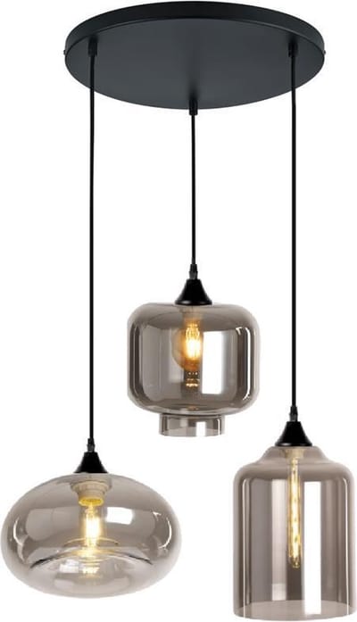 ByMus Chiloé - Hanglamp Woonkamer - Zwart - Glas - Smoke - Hanglamp industrieel - Hanglamp Eetkamer - Hanglamp set - Hanglamp modern