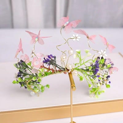 Luxe Kristal Parel Hoofdband Haarband Tiara Vlinder Bloem Blad Hoofdband Tiara Bruids Bruiloft Haaraccessoires Sieraden Tiara roze