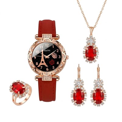 Rood analoog horloge dames – ronde wijzerplaat met goudkleurige details en Eiffel Tower design – rode band – quartz horloge (sieraden niet inbegrepen)