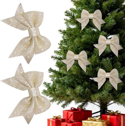 Set van 6 Glanzende Kerstboomdecoraties met Strikken in Champagne Kleuren - Feestelijke Versiering voor Kerst, Bruiloften, Feestjes en Kinderkamers