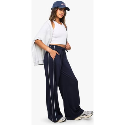 boohoo Dames Tricot zijpiping rechte pijp jogger | Marineblauw | Maat: Large