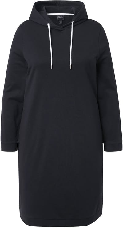 Ulla Popken - Dames - Loungewear-jurk capuchon zacht geruwd geribbelde boorden - Zwart - Maat 46+