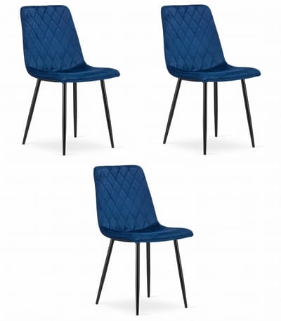 Set van 3 Eetkamerstoelen TURIN Donkerblauw – Velvet Bekleding, Modern, Ergonomisch Design, Zwarte Metalen Poten, Max. 120 kg