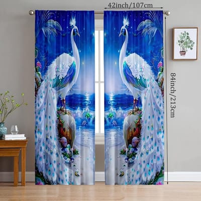 2 pièces - Rideaux élégants en polyester motif paon, rideaux décoratifs pour salle de bain, chambre à coucher, salon et salle familiale 14Wx39L(35x100CM)x2 blue