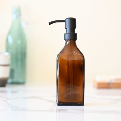Groeikruid® zeeppompje vrijstaand | 250 ml rechthoekig amber glas | RVS pompkop | Zeepdispenser zwart