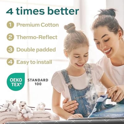 Warmtereflecterend strijkplankovertrek 140x40 – Sneller strijken met eenvoudige montage – 2x comfortvulling – XL maat