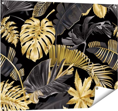 Gards Tuinposter Gouden Tropische Bladeren - 100x80 cm - Tuindoek - Tuindecoratie - Wanddecoratie buiten - Tuinschilderij