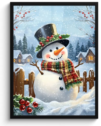 Poster in lijst - Fotolijst 60x80 cm - Posters - Sneeuwpop - Winterdorp - Kleurrijk - Posterlijst zwart - Decoratie - Wanddecoratie woonkamer - Muurdecoratie slaapkamer