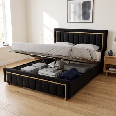 Gestoffeerd Opbergbed - Tweepersoonsbed 140x200 cm - met hydraulische opbergruimte en lattenbodem - Fluwelen bed - Luxe stijl - Zwart