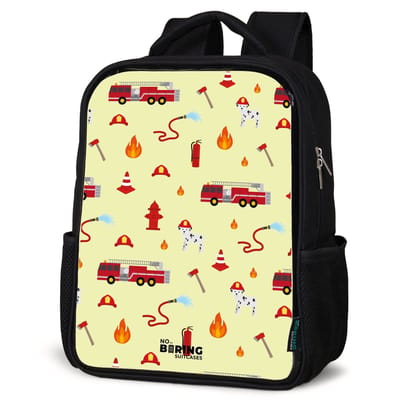 NoBoringSuitcases.com® - Rugzak zwart - Schooltas jongen & meisje - Brandweer patroon met voertuigen en vlammen - Rugtas voor school - Boekentas kind - Schoolrugzak - Kinderrugzak