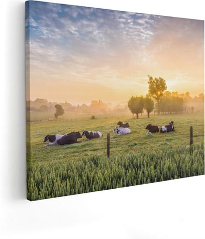Artaza Canvas Schilderij Landschap - 50x40 cm - Wanddecoratie Koeien - Muurdecoratie Zonsondergang - Kamer Accessoires Natuur