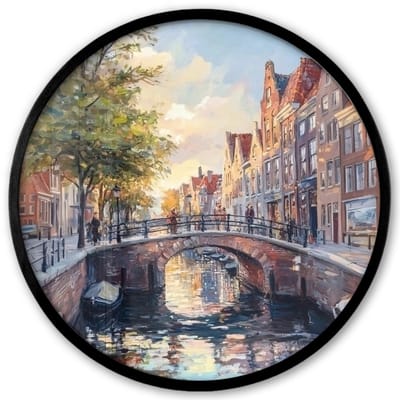 Poster in lijst Rond - Fotolijst 40x40 cm - Posters - Brug - Stad - Huizen - Boot - Ronde posterlijst zwart - Decoratie - Wanddecoratie woonkamer - Muurdecoratie slaapkamer
