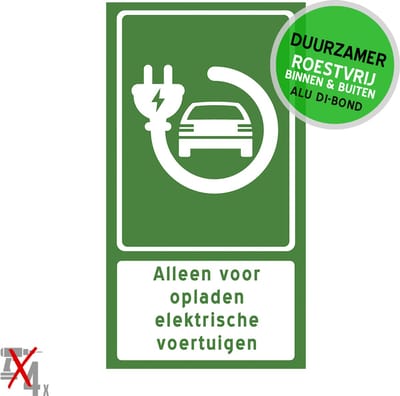 Pictogram/ bord XL Dibond | Laadpunt - "Alleen voor opladen elektrische voertuigen" | 27 x 50 cm | Laadpaal | Laadstation | Laden | Auto opladen | Parkeersignalisatie | Roestvrij | Groen | 1 stuk