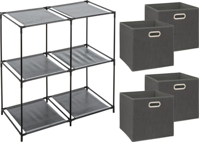 5Five Kastmandjes/opberg manden - donkergrijs - 4x stuks van 29 Liter - Metalen rekje is 67 x 68 cm