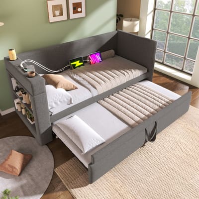 MODFU Bedframe 90x190 cm – gestoffeerd katoen-linnen grijs – met uitschuifbed, USB/Type-C en bekerhouders – daybed