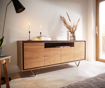 Dressoir Stonegrace 175 cm Acacia natuur 4 deuren 1 legplank steenfineer V-voet