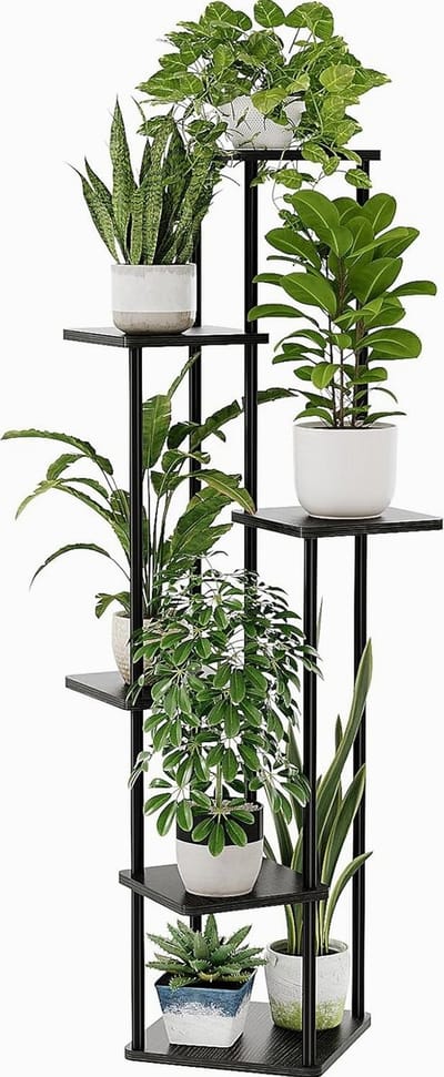 Sierra, Bloemenstandaard, zwart, hoog, metalen plantenstandaard met 6 niveaus, ruimtebesparend plantenrek voor woonkamer, balkon en hoek, bloemenkruk en decoratief rek voor binnen