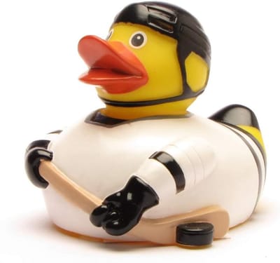 Badeend ijshockey, kleurrijk en piepend, 8 cm met sleutelhanger – Perfect cadeau voor ijshockey-fans en kinderen