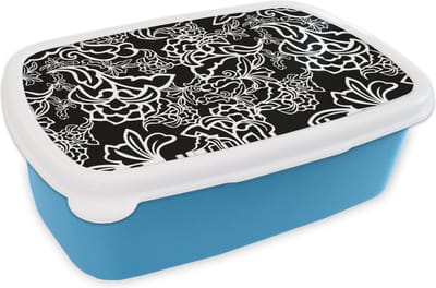 Broodtrommel Blauw - Lunchbox - Brooddoos - Patronen - Bloem - Zwart Wit - 18x12x6 cm - Kinderen - Jongen