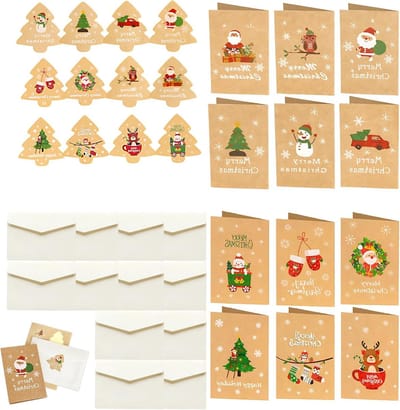 Kerstkaarten Set - Wenskaarten Kerst - Kerstwensen Versturen - Uniek Waterverf Design - 12 Stuks A6 - Natuur Bruin