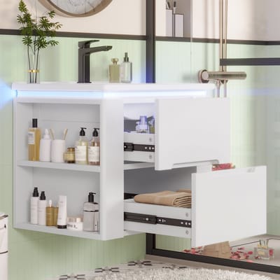MODFU Badkamermeubel - Wandhangend Met Sensorverlichting En Twee Laden - Modern - Keramiek En MDF - Wit - 60 x 46 x 48,5 cm
