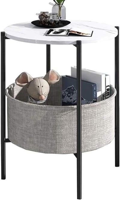 Ronde opbergtafel - Bijzettafel nachtkastje - Ruimtebesparend wonen - Stoffen mand opbergruimte - 41 x 60 cm - Kleur A