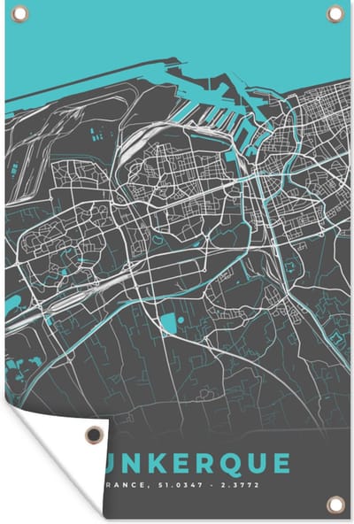 Muurdecoratie Frankrijk - Kaart - Dukerque - Stadskaart - Plattegrond - 120x180 cm - Tuinposter - Tuindoek