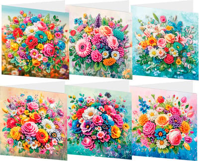 Adorzy Diamond Painting Kaarten Bloemen – 6 Wenskaarten met envelop - Diamond Painting Volwassenen – Diamond Painting Volledig Pakket