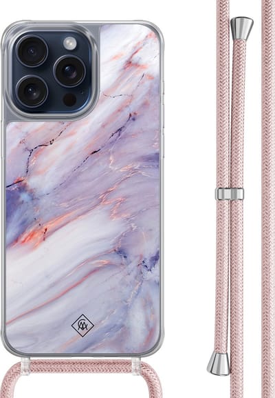 Casimoda® hoesje met rosegoud koord - Geschikt voor iPhone 15 Pro Max - Marmer Paars - Afneembaar koord - TPU/polycarbonaat - Paars
