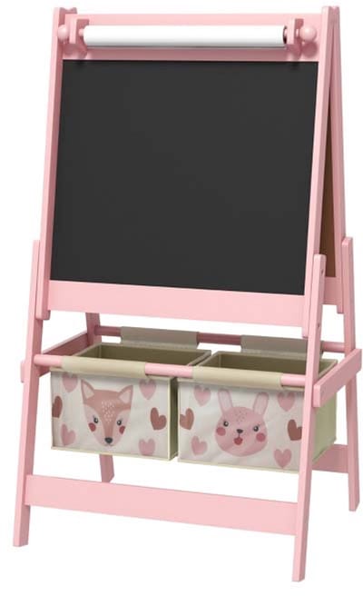 Drie-in-één kinder-ezel met papierrol, krijtbord, whiteboard en 2 opbergmanden, multifunctioneel dubbelzijdig ontwerp, eenvoudig te monteren en stabiel, geschikt voor slaapkamer, studeerkamer en speelkamer, 54x46,5x93 cm, roze