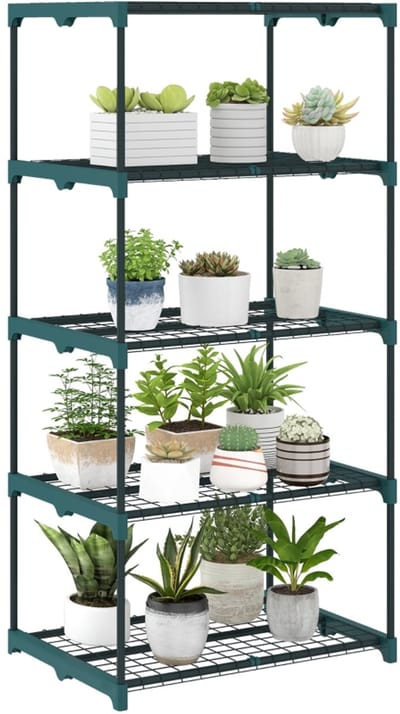 Daity Vijfdelige plantenstandaard, 138 cm hoog, geschikt voor binnen- en buitengebruik, gemaakt van staal, donkergroen.
