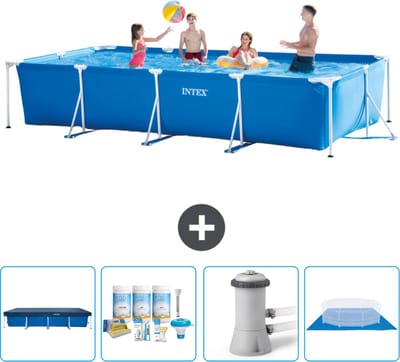 Intex Rechthoekig Frame Zwembad - 450 x 220 x 84 cm - Blauw - Inclusief Afdekzeil - Onderhoudspakket - Zwembadfilterpomp - Grondzeil
