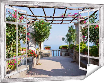 Gards Tuinposter Doorkijk Terras - 120x80 cm - Tuindoek - Tuindecoratie - Wanddecoratie buiten - Tuinschilderij