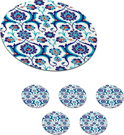 Onderzetters voor glazen - Rond - Bloemen - Patronen - Blauw - 10x10 cm - Glasonderzetters - 6 stuks
