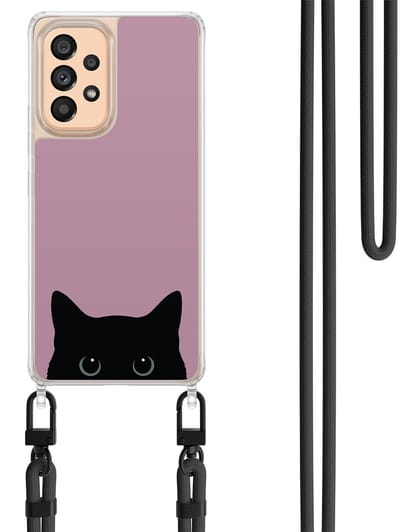 Hoesje met koord geschikt voor Samsung Galaxy A52 5G - Zwarte kat - Inclusief Zwart koord - Crossbody beschermhoes - Transparant, Roze - Mooie Telefoonhoesjes