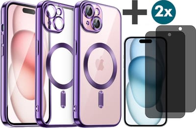 Hoesje met Privacy Screenprotectors 2 Stuks Geschikt voor iphone 15 Plus Hoesje - Geschikt voor MagSafe - Arara siliconen Backcover - Paars