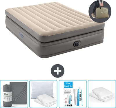 Intex Luchtbed - 2-Persoons - 152 x 203 x 51 cm - Grijs - Inclusief pomp - Hoeslaken - Kussen - Reparatieset en Kussenbeschermer