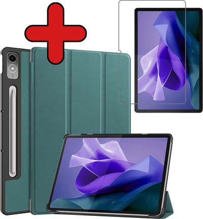 Hoesje - Geschikt voor Lenovo Tab P12 - Met Screenprotector - Trifold Bookcase Hoes - Hard Cover Case - Met Uitsparing Geschikt voor Lenovo Pen - Hardcover Book - Tablethoes - Donkergroen