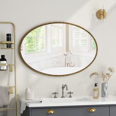 MODFU - Ovale Wandspiegel - Retro Ontwerp - Voor Badkamer, Slaapkamer Of Woonkamer - Glas, IJzer En MDF - Goud