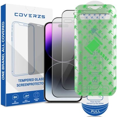 Coverzs Tempered Glass Privacy Screenprotector met frame (2-pack) geschikt voor iPhone 14 Pro Max – Privacy Glas – Beschermfolie met Montageframe – Premium Schermbescherming