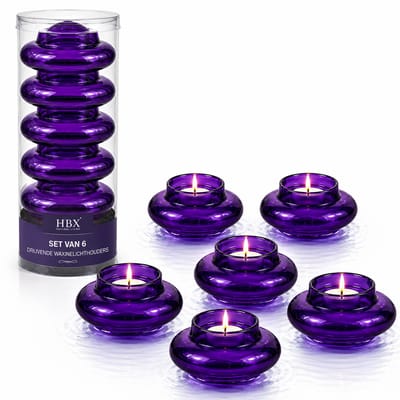 Drijvende Waxinelichthouders Set van 6 – Paars Glas – Floating Tealight Holders – Voor Schaal, Vijver, Zwembad, Bruiloft & Sfeerdecoratie