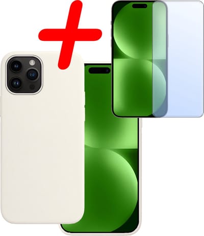 Hoesje Met Screenprotector - Geschikt voor Apple iPhone 15 Pro - Sterk & Shockproof - Back Cover - Siliconen Case - Telefoon Hoes - Wit