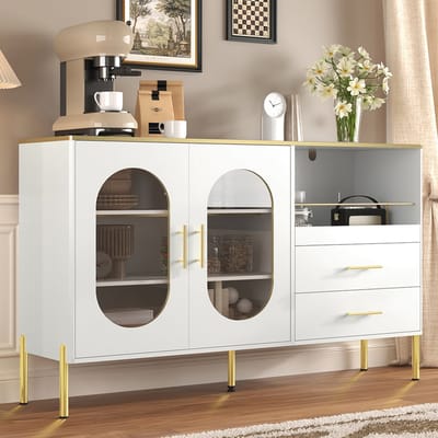 BLACKCOLORS Elegante buffetkast met 2 lades en 2 glazen deuren – Moderne ladekast in wit met gouden accenten – Veel opbergruimte – Voor de woonkamer, eetkamer, gang