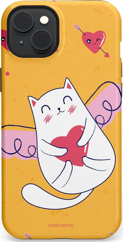 Casetastic Hoesje Geschikt voor Apple iPhone 15 Plus Magsafe - Stijlvolle Beschermende Duo-layer Case - Kattenflirt Geel Rode Hartjes Liefde