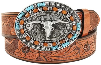 Dailygoods - Westerse leren riem - Tailleriem met LongHorn Bull-gesp - Turquoise - Elegant en duurzaam - Voor dagelijks gebruik - 125 cm